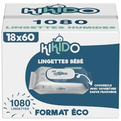 Image de Kikido Lingette Bebe Nettoyantes 1080 Lingettes, 18 Paquets de 60 Lingettes Humides Idéal pour les Peaux Sensibles Lot 18x60