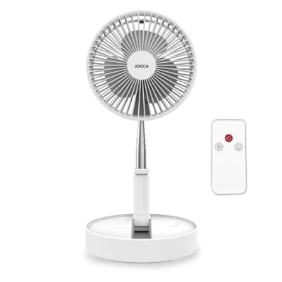 Afbeelding van JOCCA Staande ventilator met afstandsbediening, oplaadbare batterij 7200 mAh, draagbare ventilator, 3 snelheden, in hoogte verstelbaar van 36 tot 97,5 cm, opvouwbaar, USB oplader, wit