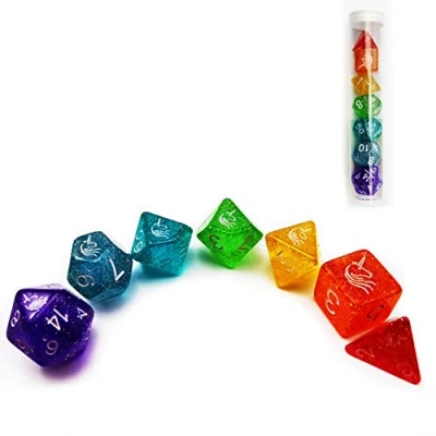 Afbeelding van Bescon Unicorns Rainbow Sparkled Polyhedral D &amp; Dice set van 7 kleurrijke RPG Rol Playing Game delige