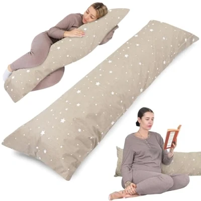 Afbeelding van Kussen met hoes voor zijslaper, 40 x 145 cm, comfortabel kussen, lichaamskussen zijslaapkussen, beige witte sterren