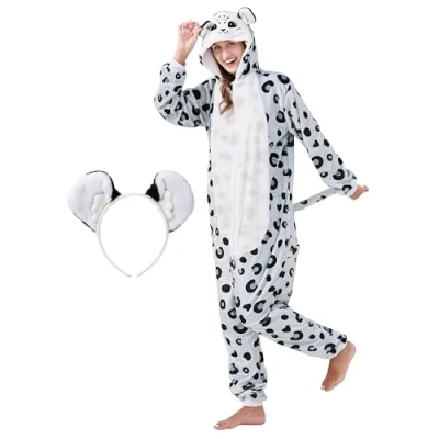 Afbeelding van corimori Costume de léopard des neiges moelleux pour adulte avec serre tête carnaval Onesie homme et femme Taille 180 190 cm