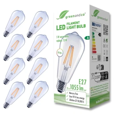 Afbeelding van greenandco 8 x transparante led filamentlampen, E27, ST64, 5 W, 1055 lm, vervangt 75 2700 K, warmwit, 320 graden, 230 V, flikkervrij, energieklasse A, niet dimbaar