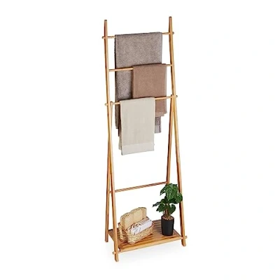 Afbeelding van Relaxdays Bamboe handdoekenrek, 4 stangen, 1 plank, hoogte: 153 x 53,5 30 cm, vrijstaand, badhanddoekhouder, natuur, stuk