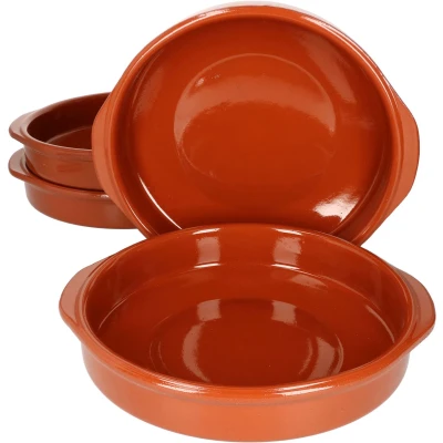 Afbeelding van MamboCat Cazuela Set van 4 kommen + handvat klei, Ø 25,5 cm, maat XL, mediterraan, glas, uniek, handgemaakt, antiek/vintage, middeleeuwen, Viking