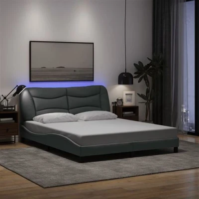 Image de vidaXL Cadre de lit avec lumières LED gris clair 160x200 cm tissu