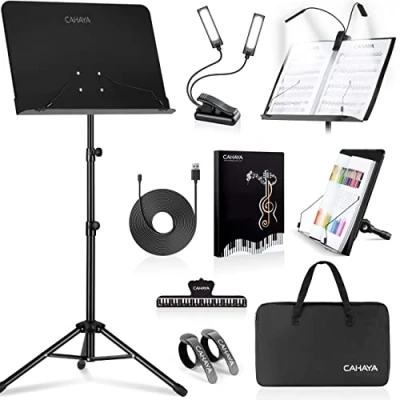 Image de CAHAYA Pupitre de musique 6 en 1 Avec support Léger sac transport, porte partitions et clip métal Dos solide portable Pour guitare, ukulélé, violon CY0194set