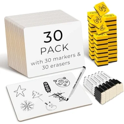 Afbeelding van Ohuhu 30 kleine uitwisbare witte borden, dubbelzijdige leisteen met markers en gummen, draagbaar whiteboard voor tekenen, schrijven, klaslokaal, huis kantoor, 22 x cm