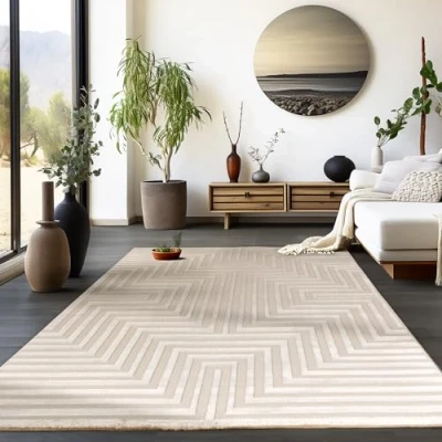 Afbeelding van HomebyHome Woonkamertapijt, korte pool, beige, 3D, Scandinavische stijl, modern, 240 x 340 cm, wasbaar, voor slaapkamer en keuken, geometrisch ontwerp, zacht