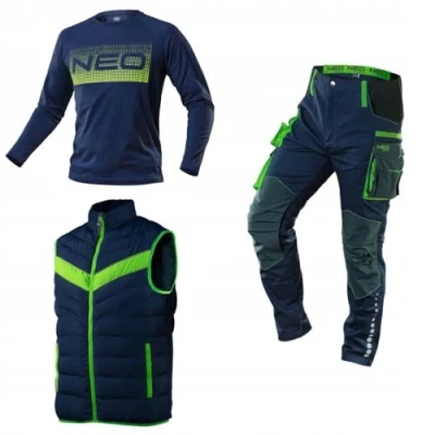 Afbeelding van NEO TOOLS Hoogwaardige werkbroek voor heren, 62% katoen, 35% polyester, 3% elastaan, 250 g/m², maat XS 3XL, knieën versterkt met Cordura, Set (broek + vest T shirt)