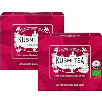 Image de Kusmi Tea AquaRosa Lot de 2 boîtes Infusion Bio Mélange Aromatisé d&#039;Hibiscus, Baies Noires et Fruits sans Théine À Déguster Chaud ou en Thé Glacé 2x20 Sachets