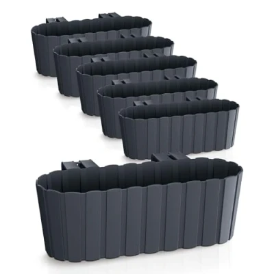 Afbeelding van Spetebo Set van 6 balkonbakken met standaard, 39 x 13 cm, kunststof, antraciet, tuinbak om op te hangen