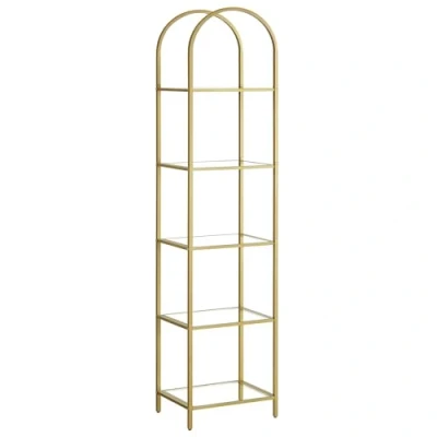 Afbeelding van VASAGLE Boekenkast met 5 niveaus, opbergrek van gehard glas, gebogen bovenkant, metalen frame, voor woonkamer, slaapkamer, kantoor, badkamer, metallic goud en transparant LGT501A01
