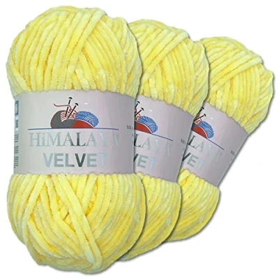 Afbeelding van Wohnkult Himalaya 3 x 100 g Velvet Dolfijnwol, 40 kleuren naar keuze, chenille breigaren, wolwol, glans, accessoire voor kleding en dekens (90002, zonnegeel)