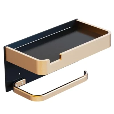 Afbeelding van LANMOU Wandgemonteerde toiletpapierhouder met telefoonrek, toiletrolhouder, zelfklevend, modern, goudkleurig, zwart, voor badkamer