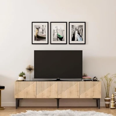 Afbeelding van TV Meubel Stijlvol Zwart &amp; Eiken 154x45x37cm Duurzaam Melamine