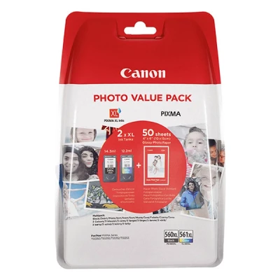 Image de Pack 2 cartouches d&#039;encre Canon Noir PG 560XL et Couleurs CL 561XL + 50 feuilles papier photo