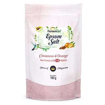 Afbeelding van Nortembio Epsomzout 180 g. Badzout Kaneelsinaasappelaroma. Magnesiumsulfaat gehydrateerd met vitamine C en E. spierontspanning, aromatherapie goede nachtrust. E book inbegrepen.