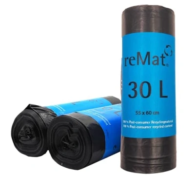 Afbeelding van reMat vuilniszakken 30 l van 100% gerecycled materiaal na de consument (PCR), 20 per rol, scheurvast, ideaal voor restafval