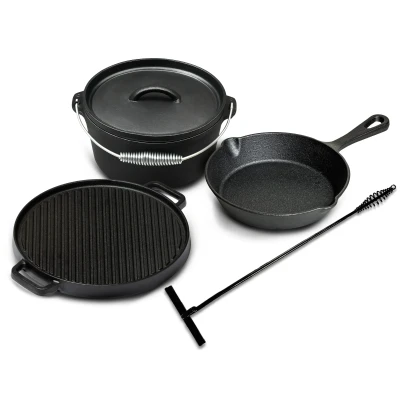 Afbeelding van Blackwell Dutch Oven BBQ set Gietijzer Braadpan + Lifter, Koekenpan ø 20 cm &amp; Grillplaat 30 4 Delig Voor alle warmtebronnen