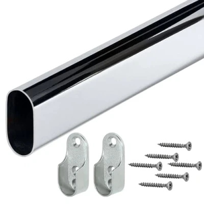 Afbeelding van Gedotec Kaststang, kledingstang, ovaal, kastbuis, lengte: 2000 mm, 30 x 15 verchroomd staal, 1 set met 2 zijwandkastlagers voor wandmontage, ruimtebesparend kledingstangsysteem