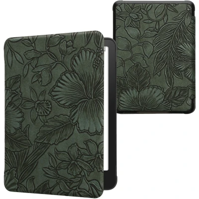 Afbeelding van kwmobile E reader hoesje geschikt voor Amazon Kindle Paperwhite (2024)/Colorsoft hoes flip case met magnetische sluiting Ereader cover Bloemen in reliëf design groen