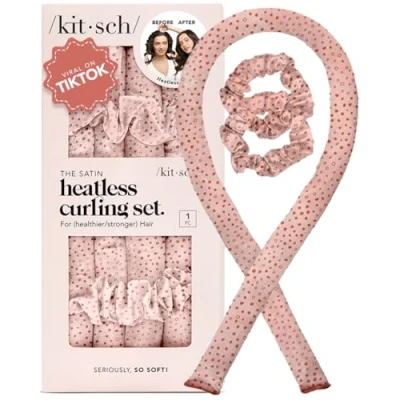 Image de Kitsch Ensemble de bigoudis sans chaleur en satin pour femme avec 2 chouchous boucles nuit Pas dommages causés par la bigoudi Micro Dot