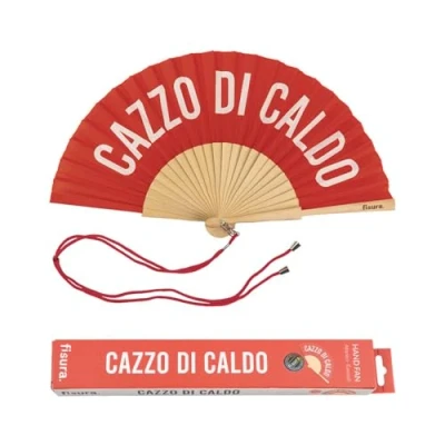 Afbeelding van Scheuren: originele waaier met Een grappige boodschap in het Engels of Italiaans. leuke, moderne houten ventilator. Afmetingen: 42,5 x 23 cm. Materiaal: hout en textiel (Caldo, rood)
