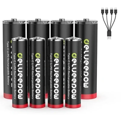 Afbeelding van Delyeepow 4 stuks USB C AA AAA lithium batterijen 1,5 V 3400 mWh 1200 met in 1 oplaadkabel, snel opladen uur, cyclus van 1500