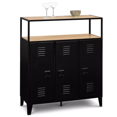 Afbeelding van Meuble de bar buffet ESTER 3 portes métal noir et plateau bois façon hêtre