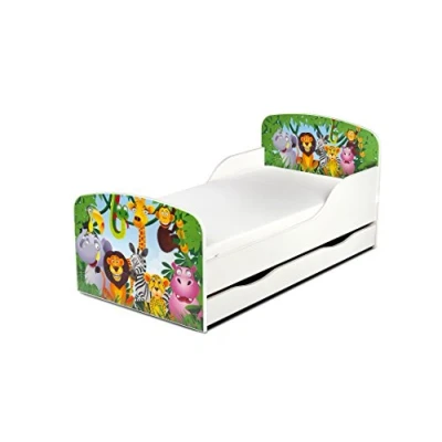 Afbeelding van Leomark Modern kinderbed met matras en lade, kleur: wit, motief: Jungle dierendecoratie kinderkamer kindermeubel comfortabel functioneel eenpersoonsbed slaapgedeelte 70/140 cm
