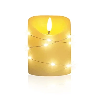 Afbeelding van led Universum Cynthia kaars, 10 cm, echte waskaars omwikkeld met lichtketting, crèmekleurig, warm wit licht, 5 uur timer, werkt op 2 AA batterijen (niet