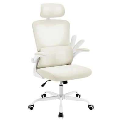 Afbeelding van WOLTU Ergonomische bureaustoel, draaistoel op wielen, met kantelfunctie, verstelbare hoofdsteun, opklapbare armleuningen, mesh lendensteun in C vorm, beige, BS161be