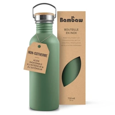 Afbeelding van Bambaw® Waterfles 750 ml Enkelwandige drinkfles RVS Niet Geïsoleerd Lekvrij, en Plasticvrij met Bamboe Dop Drinkbus Volwassenen Perfect voor Reizen, Werk, Yoga, Wandelen Dagelijks Gebruik Drinkflessen groen