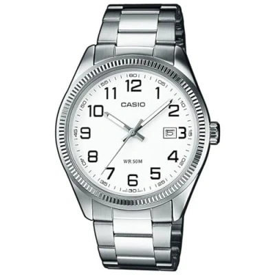 Afbeelding van Casio MTP 1302D 7B Classic herenhorloge kwarts analoog witte wijzerplaat armband staal grijs, Wit/Grijs, armband,