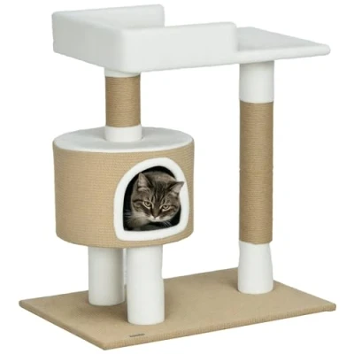Afbeelding van PawHut Petit arbre à chat, 79 cm, avec grotte, griffoir, surface de couchage, en jute pour chats jusqu&#039;à 8 kg, marron, blanc, imitation cachemire