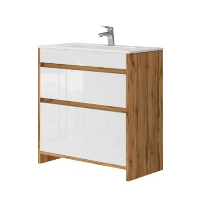 Afbeelding van Vicco Wastafelonderbouw Detmold, Krachtige eik goud/Wit Hoogglans, 2 delen, onderkast 80 cm