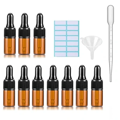 Afbeelding van 10 stuks amberkleurige glazen druppelflesjes met zwarte doppen, gemeten pipet, trechter en etiketten; van 3 ml voor pipet hervulbare etherische oliën