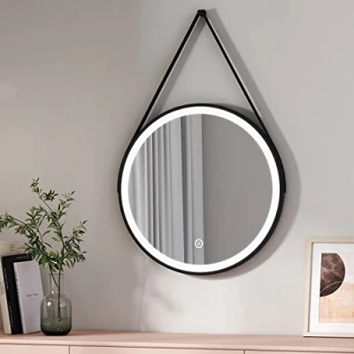Afbeelding van EMKE badkamerspiegel met verlichting, ronde led 60 cm touch schakelaar, wit licht, 6500 K, zwart frame