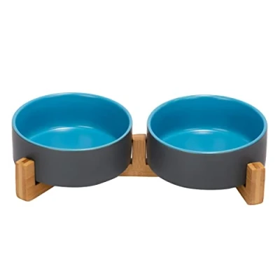 Afbeelding van SPUNKYJUNKY Dubbele voer , en drinkbak van keramiek met standaard bamboe voor katten honden (400 ml, blauw/grijs)