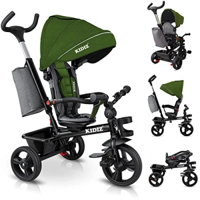 Afbeelding van KIDIZ® Loopfiets Driewieler 5in1 Kinderfiets kinderdriewielerfiets 1 jaar vooruit en achteruit Jogger , mand tas drinkhouder zonnekap rubberen wielen, buggy fiets baby opvouwbaar driewielfiets Khaki