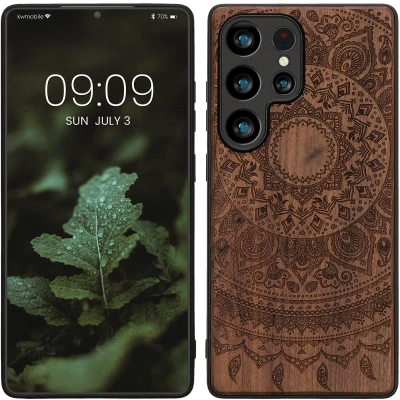 Afbeelding van kwmobile telefoonhoesje geschikt voorSamsung Galaxy S25 Ultra Hoesje met bumper hout In donkerbruin Indian Sun design