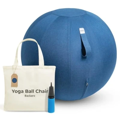Afbeelding van Backerz® Zitbal Kantoor en Thuis 75 CM Luxe Yoga Bal Zitballen met Hoes Ergonomische Bureaustoel Linnen Donkerblauw