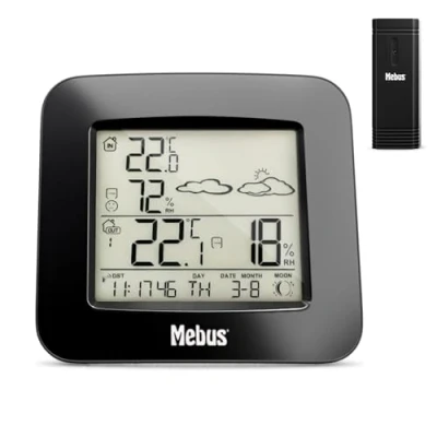 Afbeelding van MEBUS Funk Weerstation met buitenthermometer, hygrometer, weersvoorbereiding, Mondfasen Wettertrend, alarm temperatuurhoek, kalender/materiaal: kunststof/kleur: zwart/model: 40715