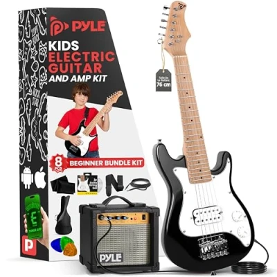 Afbeelding van Pyle Gitaar Elektrische met Versterker Gitaarset voor Kinderen Klein Formaat 76 cm Gigbag Stemapparaat Extra Snaren Plectrums Rechtshandig Wit