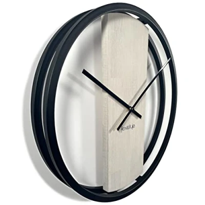 Afbeelding van FLEXISTYLE Grote wandklok Loft ovaal zwart metaal 3D XXL modern hout badkamer woonkamer (50 cm diameter eiken gebleekt)