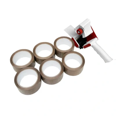 Afbeelding van 6 Rollen Bruine PP Acryl Tape 50mm Breed X 66mtr Lang + Tapedispenser Bruin