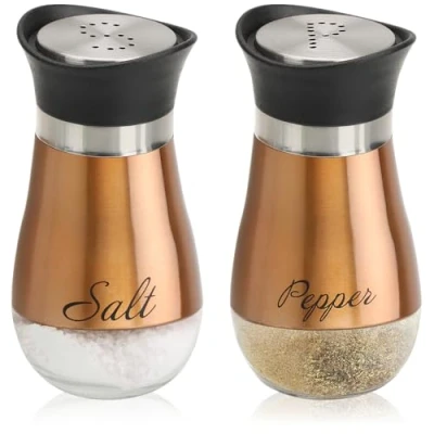 Afbeelding van COM FOUR® 2 delige zout en peperstrooiset van roestvrij staal glas, kruidencontainer met etiket, shaker in keuken horeca (2 set koperkleur)