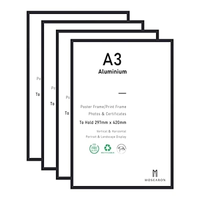 Afbeelding van Set van 4 zwarte A3 fotolijsten met plexiglas voor wandmontage 29,7 x 42 cm