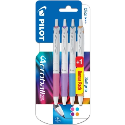 Afbeelding van Pilot Balpen Acroball Pure White, Blister Van 3 + 1 Gratis, In Vrolijke Kleuren
