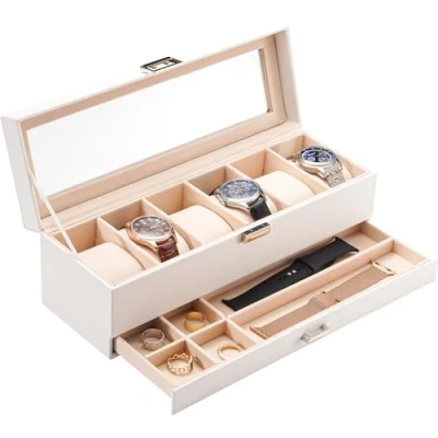 Afbeelding van ProCase Horlogedoos met 6 vakken, glazen deksel, 2 niveaus, afneembaar kussen, voor sieraden, ringen, armbanden en halskettingen, wit
